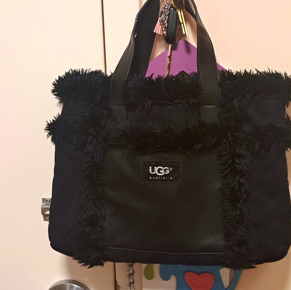 UGG Australia Black Suede leather Shearling Sherpa Sheepskin TopHandle Tote Hand - Picture 6 of 14